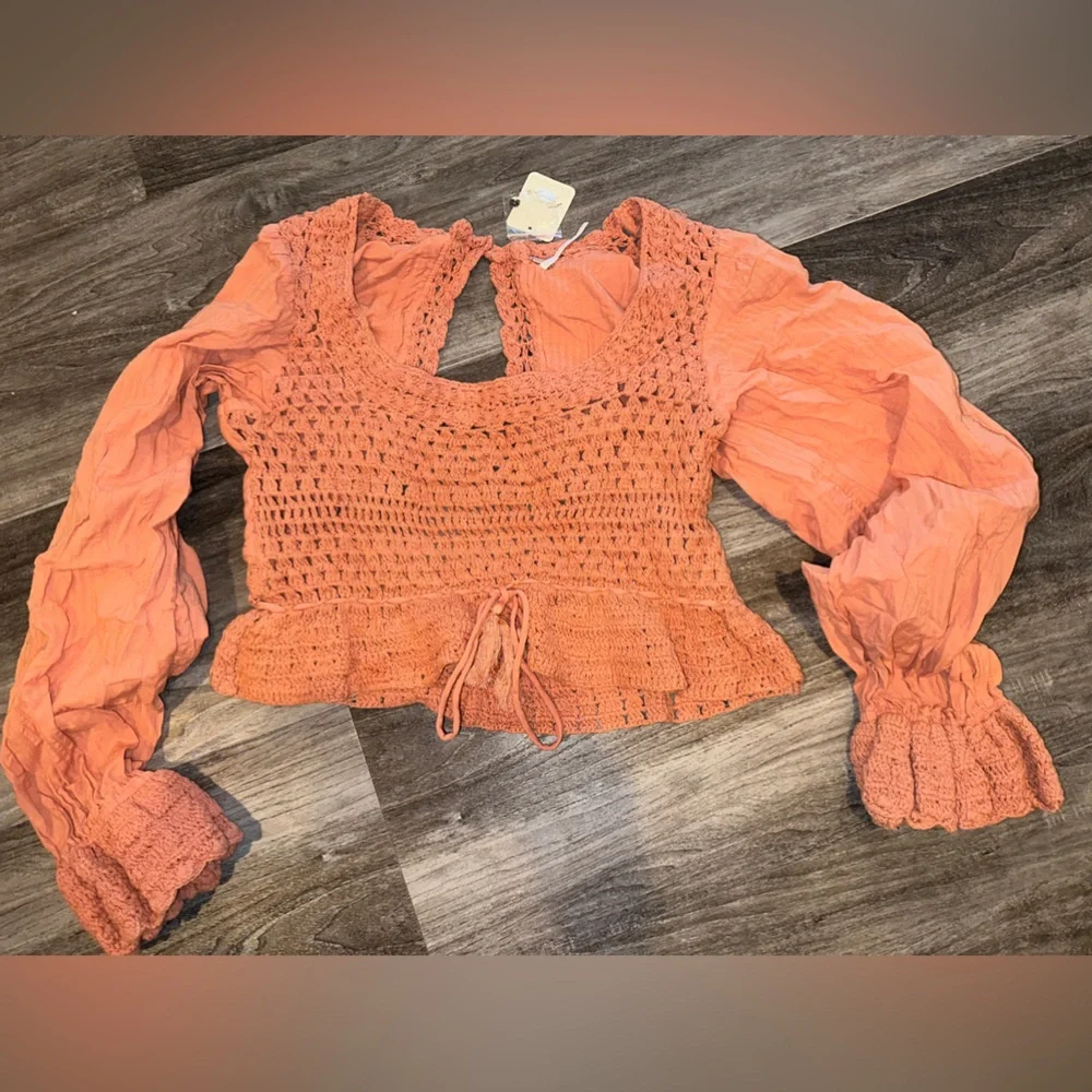 Free People Women's Tan Scoop Neck Blouson Sleeve Megan Crochet Top Size NWT
